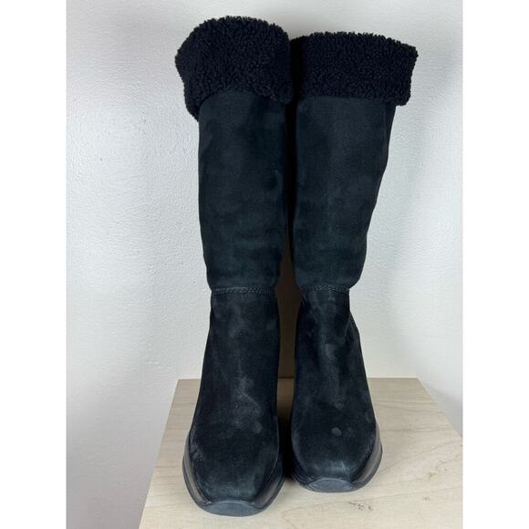 Hogan Suede Wedge Black Boots 37.5 Designer Leather Sherpa Lined Ski Snow Luxury - Picture 2 of 11